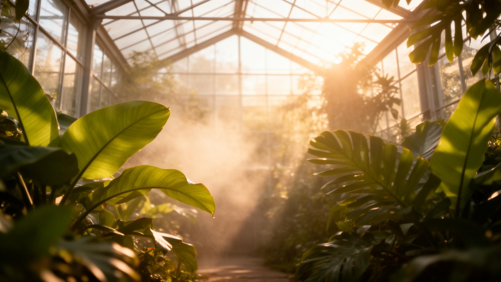 Sunlit greenhouse with lush green leaves
